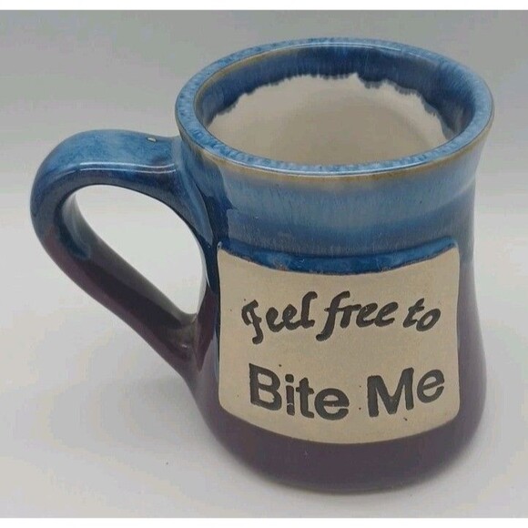 Tumbleweed Pottery Mug Feel Free To Bite Me Stoneware Blue Drip Purple Glaze - Picture 2 of 10